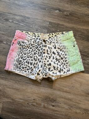 Current/Elliott Leopard Print Denim Shorts with Pink & Lime Panels